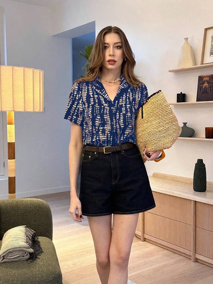 Pariaura Women's Basic Solid Color Printed Square Collar Short Sleeve Casual Shirt - Blue - View 1