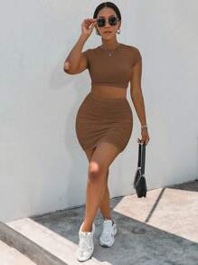 Zolique 2 件套女士夏季简约纯色修身短款 T 恤和褶皱迷你裙 - 巧克力棕 - 查看 8