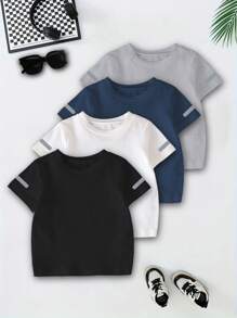 Set de 4 camisetas básicas de deporte y casual de manga corta y cuello redondo con estampado de líneas para niños, 1 negra, 1 blanca, 1 azul, 1 gris, para verano