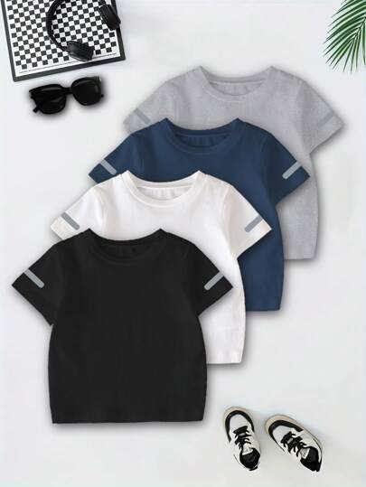 SHEIN 4pcs/Set Young Boys' Line Print Round Neck Short Sleeve Basic Sport Casual T-Shirts, Black*1, White*1, Blue*1, Gray*1, Summer Young Boys T Shirts Boys T Shirts Pack