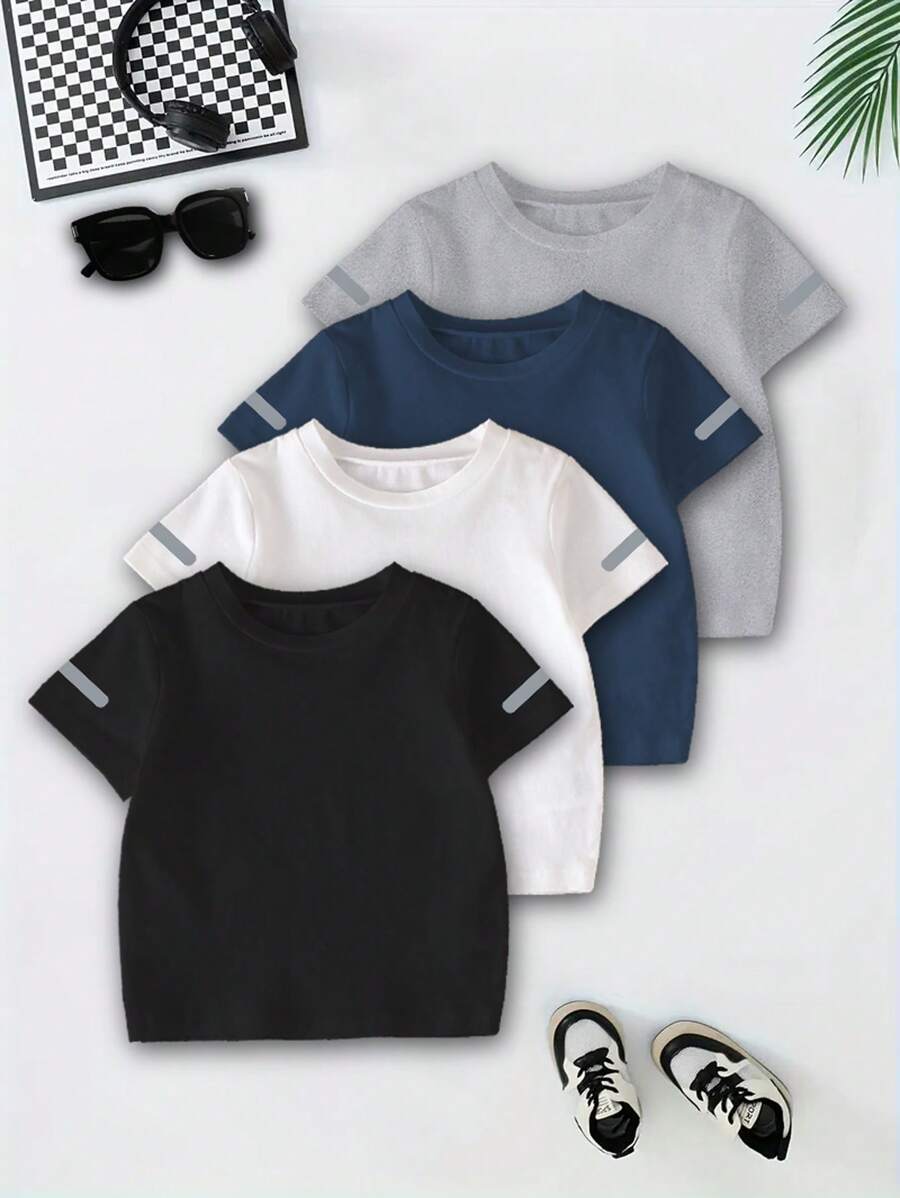 Set de 4 camisetas básicas de deporte y casual de manga corta y cuello redondo con estampado de líneas para niños, 1 negra, 1 blanca, 1 azul, 1 gris, para verano