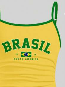 SHEIN Casual Sports City Letter "BRAZIL" Contrast Trim, Tween Girls Fitted Athleisure Racerback Tank Top