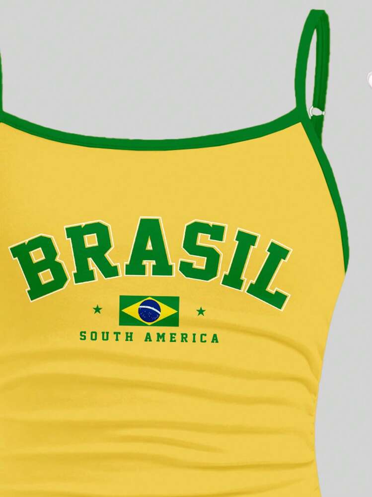 SHEIN Luźny sportowy miejski napis "BRAZIL" Kontrastowe wykończenie, dziewczęcy dopasowany top typu racerback Athleisure - Wielokolorowe - Zobacz 4