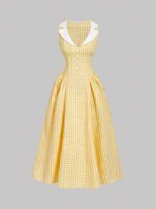 SHEIN MOD 格子荷叶边撞色拼色无袖单排扣休闲连衣裙，夏季 - 淡黃色 - 查看 1