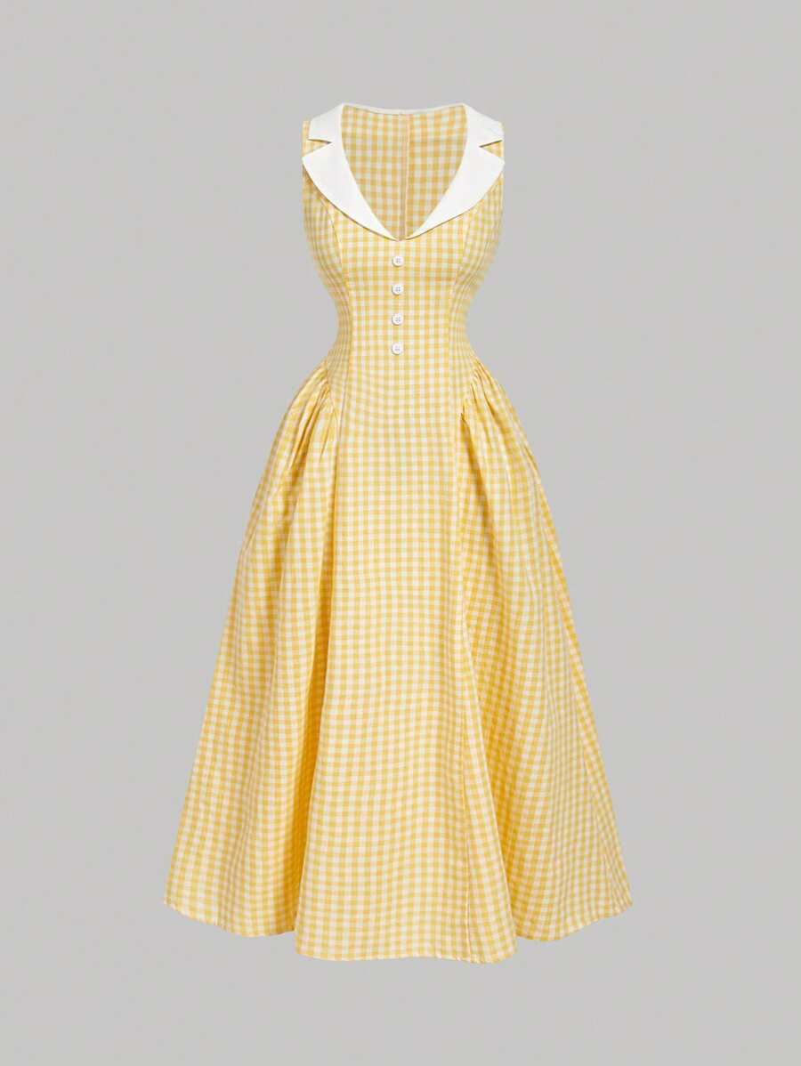 SHEIN MOD 格子荷叶边撞色拼色无袖单排扣休闲连衣裙，夏季 - 淡黃色 - 查看 1