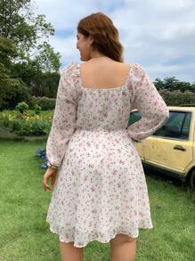 SHEIN EZwear Plus Size Front Drawstring Long Sleeve Woven Fitted Dress For Autumn/Winter - White - View 6