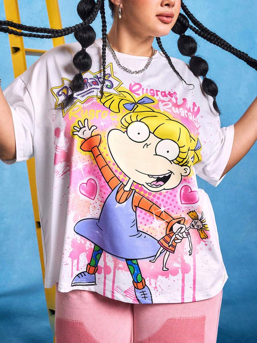 Nick 90s | SHEIN Plus Size Summer Casual Cute Cartoon Pattern Drop Shoulder T-Shirt  Music Festival - White - View 1