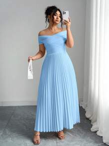 SHEIN PETITE 褶皱露肩设计加大码连衣裙，露肩生日礼服夏季女士服装优雅正式婚礼宾客礼服 - 藍色 - 查看 3