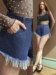 SHEIN EZwear 女士时尚流苏牛仔短裤，适合夏季 - 深色水洗藍 - 查看 1