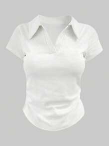 INAWLY Women's Casual Solid Color Short Sleeve T-Shirt Top - White - View 5