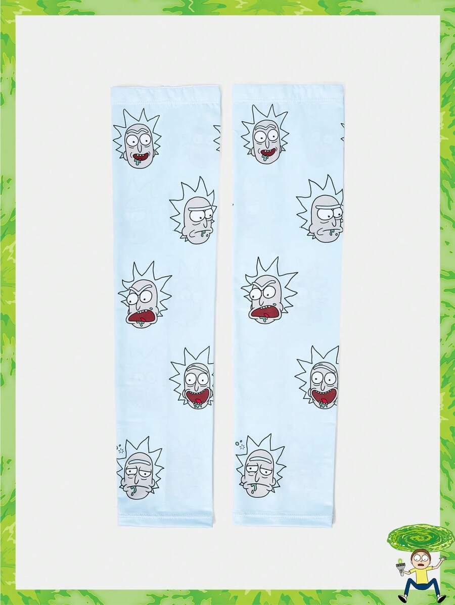 Rick and Morty X SHEIN زوج من أكمام يد للسيدات ذات بنمط شخصيات كرتونية بلون أزرق فاتح - الأزرق - مشاهدة 1