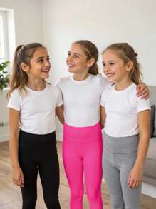 3pcs/Set Girls' Summer Simple Knit Solid Color Cropped Leggings In Pink, Grey & Black,Back To School - Multicolor - View 1