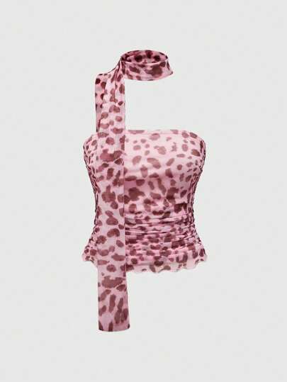 J-Fashion Top tipo tanque de verano con volantes con estampado integral y cuello de halter para mujer