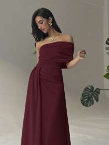 Aloruh 女士纯色褶饰优雅单肩中长连衣裙 - 酒紅色 - 查看 3