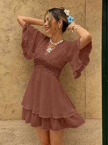 SHEIN Frenchy Women's Vacation Casual Solid Color Lace Patchwork Ruffle Hem Short Dress Summer Brown - Brown - View 4