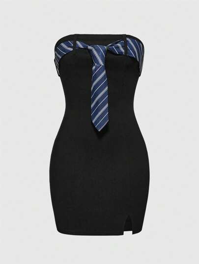 Gothic Mermaid-Like Office Mini Bodycon Dress With Tie Accessories