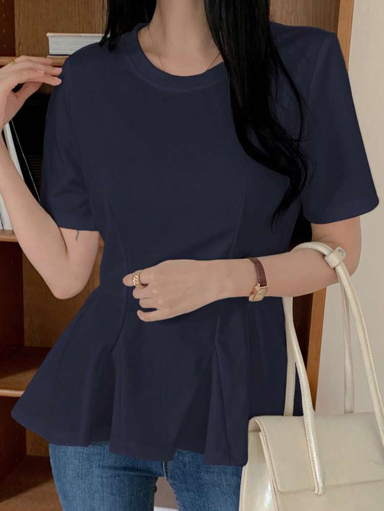 Women Loose Fit Solid Color Round Neck Casual A-Line Fish Tail Hem Short Sleeve T-Shirt For Summer,Back To School Clothes
