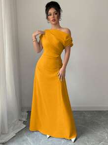 Elenzga 女式纯色斜肩+腰褶饰连衣裙 - 橘色 - 查看 5