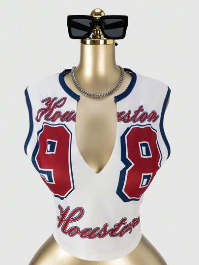 SHEIN SXY Áo thun không tay ngắn gợi cảm in số, phong cách đường phố, cho mùa xuân và mùa hè