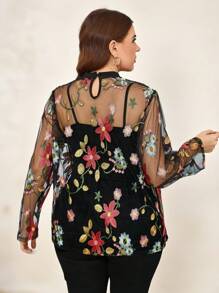 Chikora 曲线加大码女式圆领长袖花卉刺绣透视长袖衬衫，外出服，情人节，情人，夏季/春季，复古，女式工作服，老钱风格女装，办公室，度假，情人节服装，透视上衣