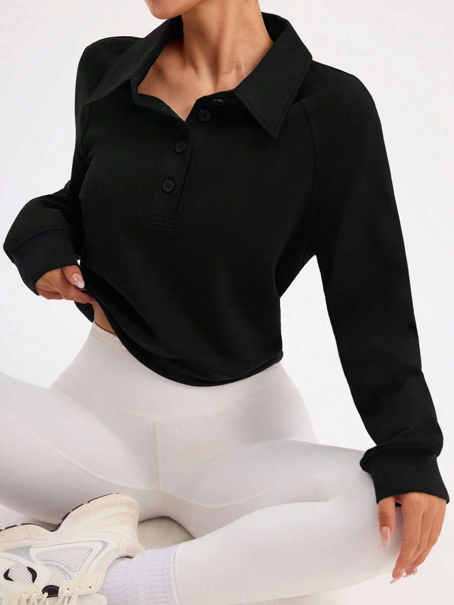 Easithlete Solid Color Casual Versatile Pullover Long Sleeve Sweatshirt - Black - View 1
