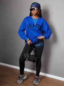SHEIN Teen Girls Blue & Black Sweatshirt Set,Letter Print Round Neck Mid-Length Top & Leggings,Autumn,Streetwear,Holiday Outfit School Sports Hoodie Clothes - Multicolor - View 5
