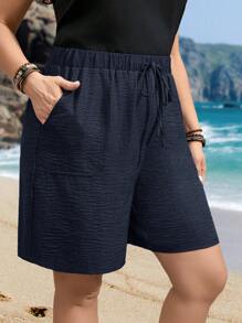 EMERY ROSE 加大码系带前口袋纯色宽松短裤，休闲日常穿着，度假，波西米亚风，送给母亲的礼物，波西米亚风，春假，狂欢，乡村 - 藏蓝色 - 查看 6