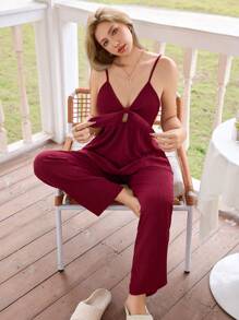 SHEIN 女士夏季结饰吊带背心和裤子睡衣套装 - 酒紅色 - 查看 1