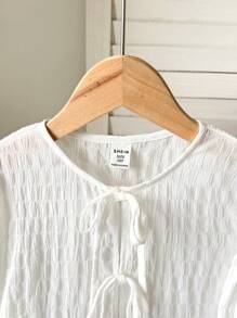 SHEIN Tween Girl Casual Minimalist Comfortable Round Neck Long Sleeve Bowknot Strap Textured Fabric Shirt, Back To School Season Fall Winter