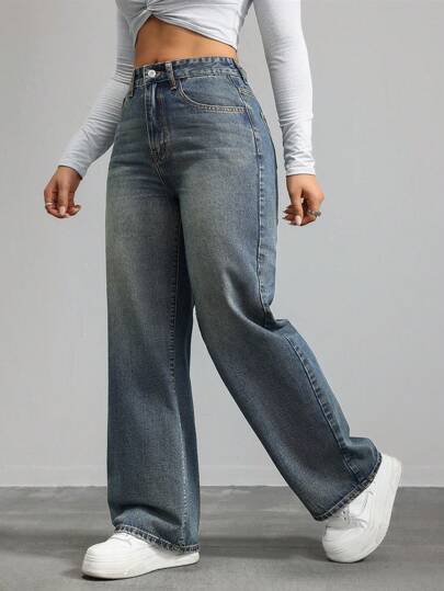SHEIN ICON Plus Size Casual Daily Use Button-Back Elastic Waist Straight Jeans