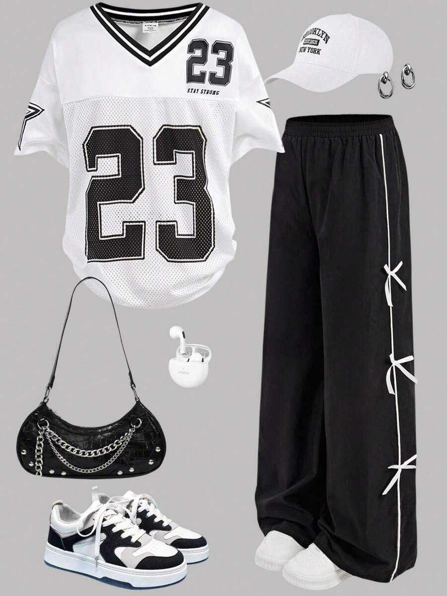 SHEIN Girlism Conjunto informal de 2 piezas para niñas preadolescentes con camiseta holgada de manga larga con estampado y pantalones con detalle de lazo a los lados - Blanco y Negro - Ver 1