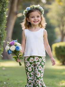SHEIN Leap Crew Baby Girl Ribbed Knit Tank Top & Floral Print Flare Leg Pants - Multicolor - View 1