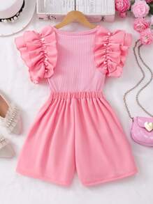 2 件套青少年女孩罗纹珍珠荷叶边下摆无袖上衣和纯色蝴蝶结短裙夏季休闲装 - 粉色 - 查看 2