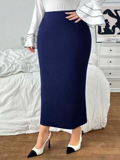 SHEIN Privé Falda recta de talle alto y longitud midi para tallas grandes