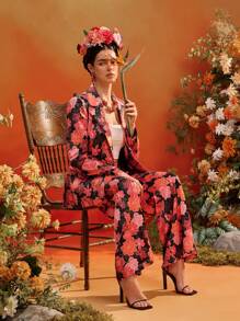 Oxana Frida Kahlo X SHEIN X Designer 满版花卉印花松紧腰口袋阔腿裤，适合夏季女士 - 彩色 - 查看 7