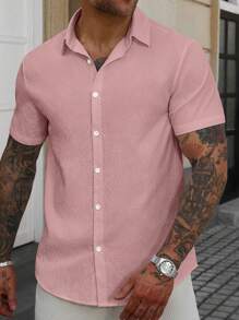 Manfinity Homme Men's Pink Checkered Summer Casual Vacation Button Up Shirt,100 Percent Cotton Textured Short Sleeve Loose Simple Button Down Shirt,Gift For Husband, Formal - Pink - View 6