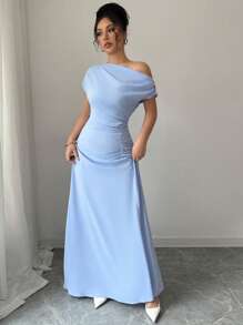 SHEIN Tall Women's Summer Elegant Refined Solid Color Asymmetric Collar Batwing Sleeve Ruched Fitted Dress