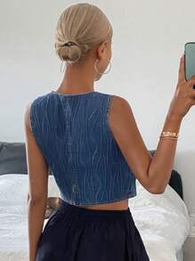 DAZY 女士休闲 V 领几何条纹开衫，度假风格夏季牛仔上衣 - 中等水洗藍 - 查看 6