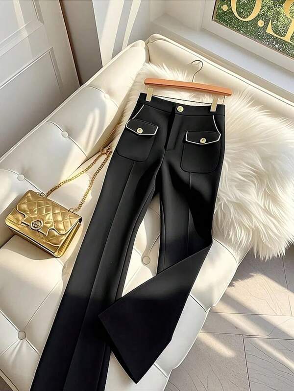 EMERY ROSE Elegant & Chic Petite Wide Leg Pants, Slender Drape Sophisticated Office Wear, Black Slim Flare Trousers For Women