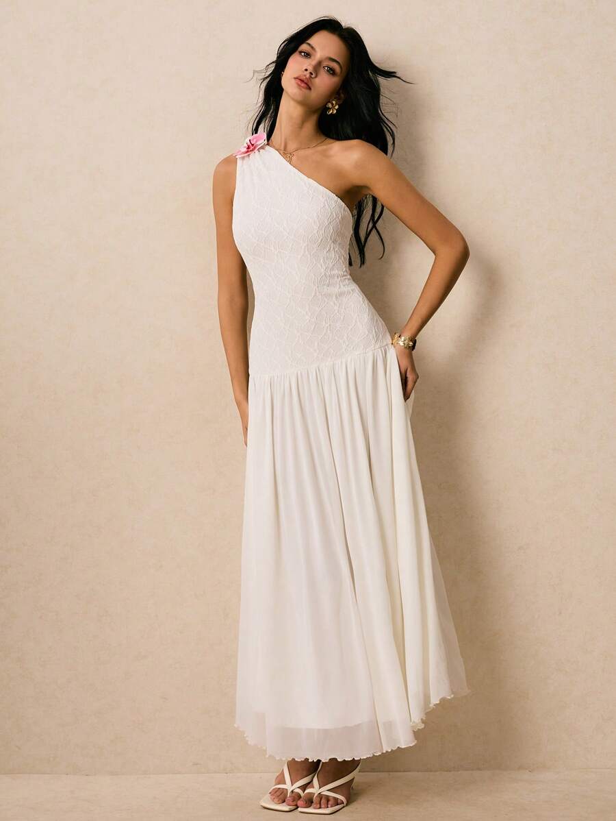 Poéselle Women Elegant Solid Color One Shoulder Contrast Lace White Sleeveless Dress - Apricot - View 1