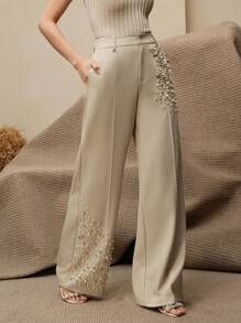 Anewsta Quần xếp ly thời trang hiện đại đính ngọc trai cho nữ có túi thanh lịch - Kem - Xem 4