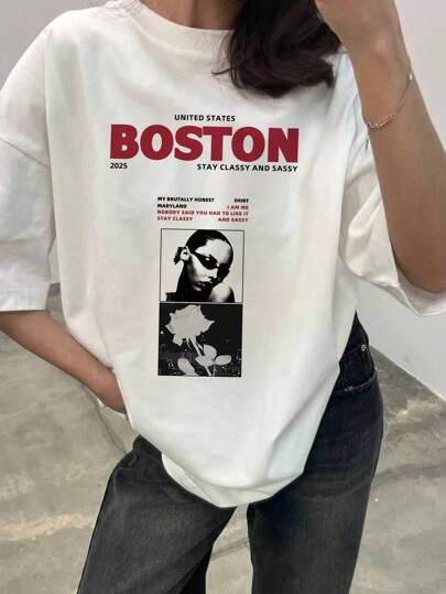 SHEIN EZwear Camiseta holgada de manga corta con cuello redondo y estampado de rosa en blanco y negro de estilo vintage minimalista para mujer de talla grande