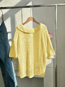 Comfortcana 大码女式休闲纯色镂空领短袖毛衣上衣，秋冬黄色夏季上衣 - 黃色 - 查看 3