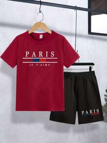 Tween Boy Red & Blue Striped Letter Print Casual Short Sleeve T-Shirt + Shorts Set Young Boys T Shirts Summer Clothes For Teens Boy Summer Clothes For Boys T Shirt And Shorts Set Boys Paris Outfit Boys Summer Outfit Teen Boy Clothes