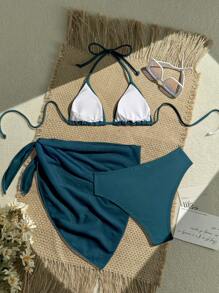 SHEIN Swim Bộ đồ bơi bikini gợi cảm buộc dây màu trơn đi biển mùa hè dành cho nữ 3 món kèm áo choàng & váy ngắn, họa tiết in thiết kế ngẫu nhiên - Màu xanh ngọc - Xem 2
