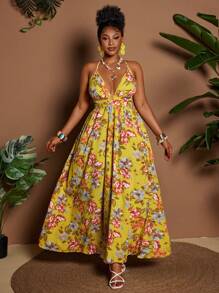 Maweii 2025 New Women Plus Size Yellow Summer Boho Vacation Holiday Elegant Spaghetti Strap Backless Lace-Up Colorblock Gradient Print A-Line Slip Dress - Multicolor - View 4