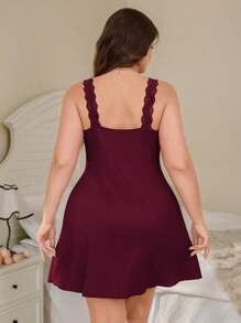 SHEIN Plus Size Women Wine Red Solid Color Lace Trim Ruched Knit Camisole Nightgown, Summer