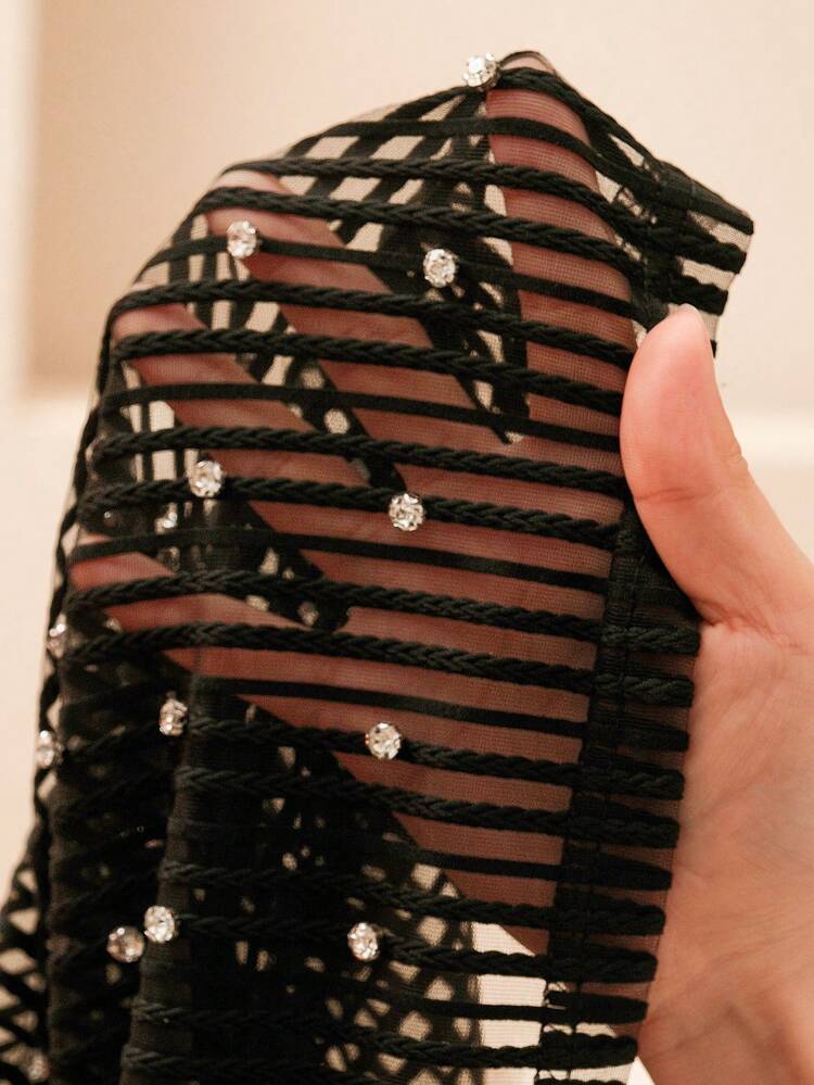 Women's Black Round Neck Sheer Glittering Crystal Beaded Party Top, Summer New Arrival