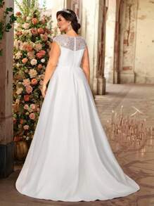 Glamrae Abito da sposa elegante e lussuoso con scollo a cuore, spalle aperte, arricciature, jacquard in raso, vita alta, taglio a trapezio e strascico, taglia grande