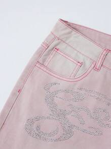 ROMWE MEN Street Life Shorts vaqueros casuales y versátiles con decoración de rhinestones para hombres - Rosa - Ver 5